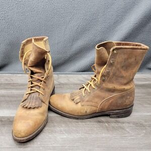 Vintage Justin Boots Womens Size 7.5 Brown Leather Lace Up Fringe Western L0575